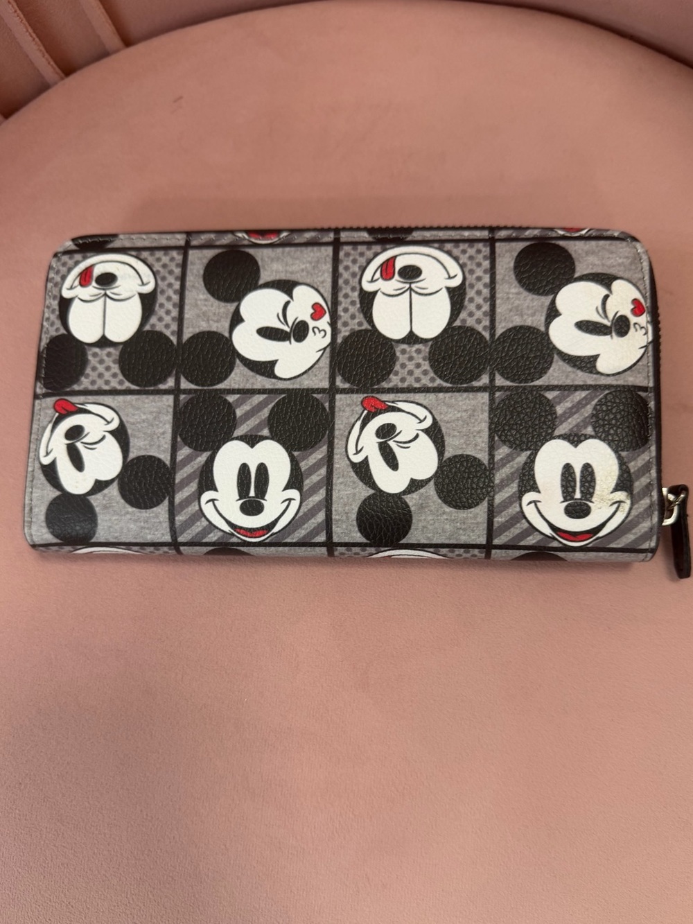 Disney Mickey Mouse Expressions Zip Around Wallet Checkerboard Grid Grey Black